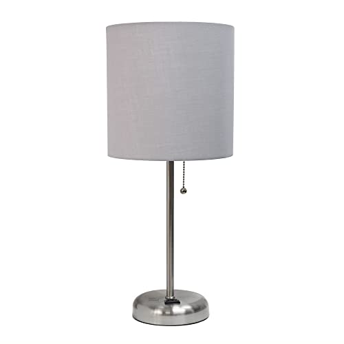 Creekwood Home Oslo 19.5" Contemporary Bedside Power Outlet Base Standard Metal Table Desk Lamp in Brushed Steel with Gray Drum Fabric Shade