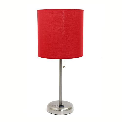 Creekwood Home Oslo 19.5" Contemporary Bedside Power Outlet Base Standard Metal Table Desk Lamp in Brushed Steel with Red Drum Fabric Shade