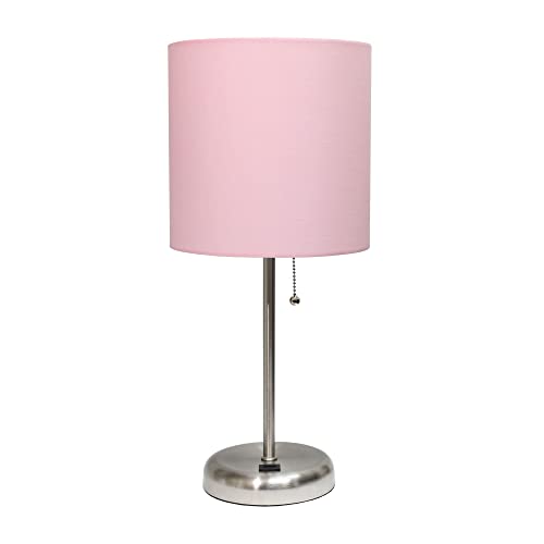 Creekwood Home Oslo 19.5" Contemporary Bedside USB Port Feature Standard Metal Table Desk Lamp in Brushed Steel with Light Pink Drum Fabric Shade