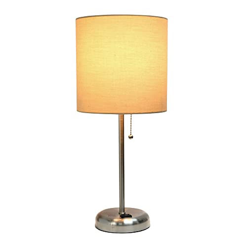 Creekwood Home Oslo 19.5" Contemporary Bedside Power Outlet Base Standard Metal Table Desk Lamp in Brushed Steel with Tan Drum Fabric Shade