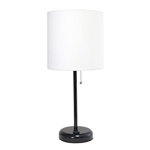 Creekwood Home Oslo 19.5" Contemporary Bedside Power Outlet Base Standard Metal Table Desk Lamp in Black with White Drum Fabric Shade