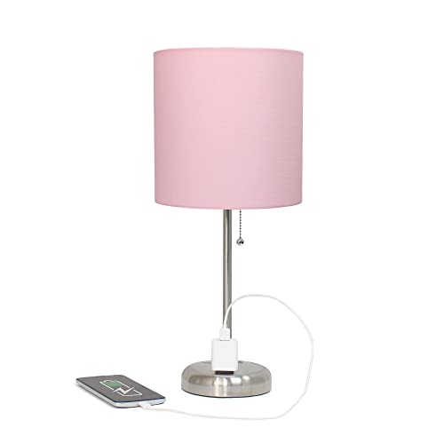 Creekwood Home Oslo 19.5" Contemporary Bedside Power Outlet Base Standard Metal Table Desk Lamp in Brushed Steel with Light Pink Drum Fabric Shade