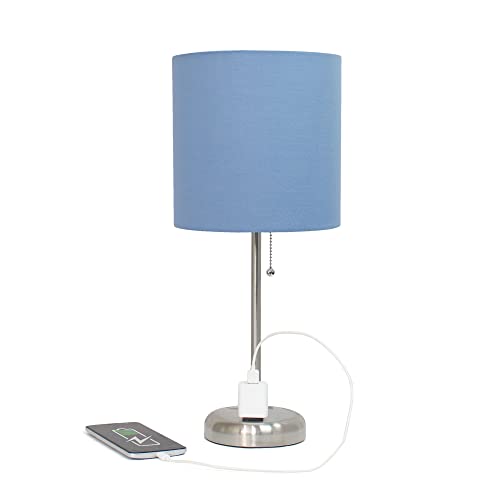 Creekwood Home Oslo 19.5" Contemporary Bedside Power Outlet Base Standard Metal Table Desk Lamp in Brushed Steel with Blue Drum Fabric Shade