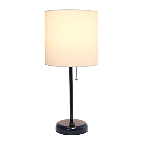 Creekwood Home Oslo 19.5" Contemporary Bedside Power Outlet Base Standard Metal Table Desk Lamp in Black with White Drum Fabric Shade