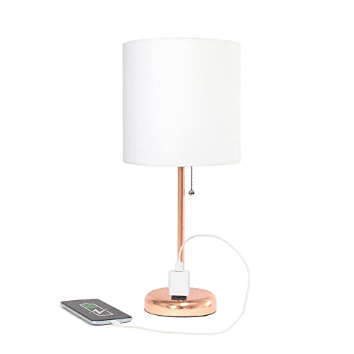 Creekwood Home Oslo 19.5" Contemporary Bedside Power Outlet Base Standard Metal Table Desk Lamp in Rose Gold with White Drum Fabric Shade