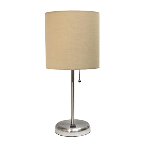 Creekwood Home Oslo 19.5" Contemporary Bedside USB Port Feature Standard Metal Table Desk Lamp in Brushed Steel with Tan Drum Fabric Shade