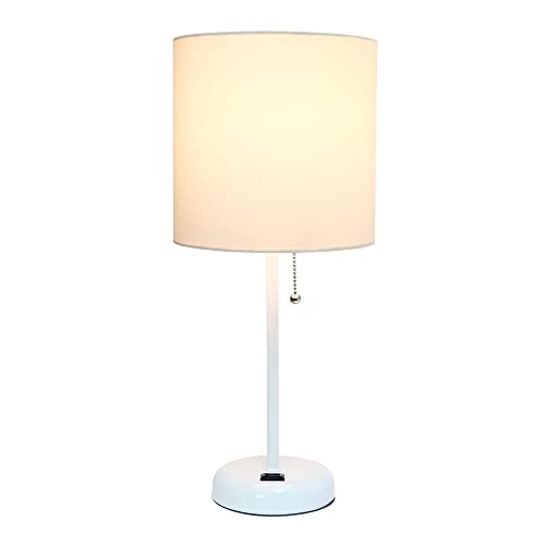 Creekwood Home Oslo 19.5" Contemporary Bedside Power Outlet Base Standard Metal Table Desk Lamp in White with White Drum Fabric Shade
