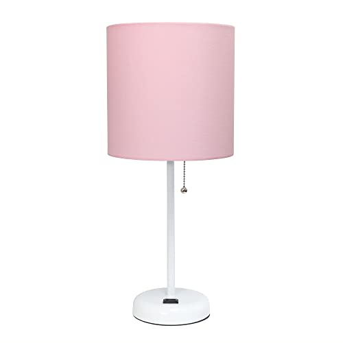 Creekwood Home Oslo 19.5" Contemporary Bedside Power Outlet Base Standard Metal Table Desk Lamp in White with Light Pink Drum Fabric Shade