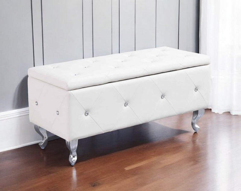 Home Outfitters 38" White and Silver Faux Leather Storage Bench With Flip Top