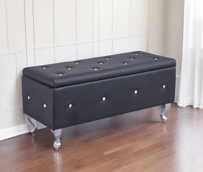 Home Outfitters 38" Black and Silver Faux Leather Storage Bench With Flip Top