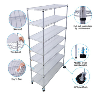 7 Tier Metal Storage Shelf with Adjustable Wire Shelving - Black, White or Pearl Silver