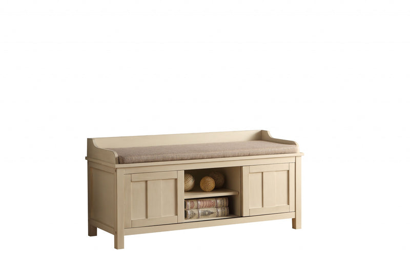 Home Outfitters 45" Cream Upholstered Linen Blend Bench with Cabinet