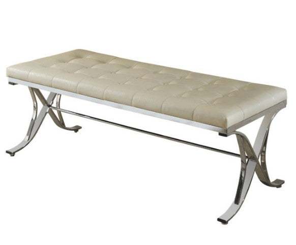 Home Outfitters 48" Beige and Silver Upholstered Faux Leather Bench