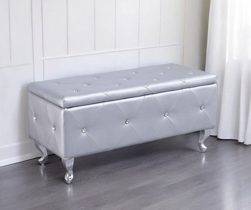 Home Outfitters 38" Silver Faux Leather Storage Bench With Flip Top