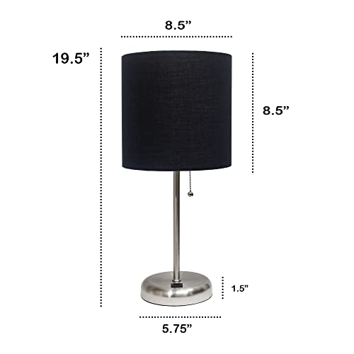 Creekwood Home Oslo 19.5" Contemporary Bedside USB Port Feature Standard Metal Table Desk Lamp in Brushed Steel with Black Drum Fabric Shade