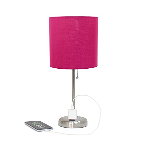 Creekwood Home Oslo 19.5" Contemporary Bedside Power Outlet Base Standard Metal Table Desk Lamp in Brushed Steel with Pink Drum Fabric Shade