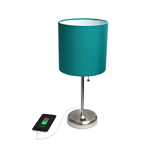 Creekwood Home Oslo 19.5" Contemporary Bedside USB Port Feature Standard Metal Table Desk Lamp in Brushed Steel with Teal Drum Fabric Shade
