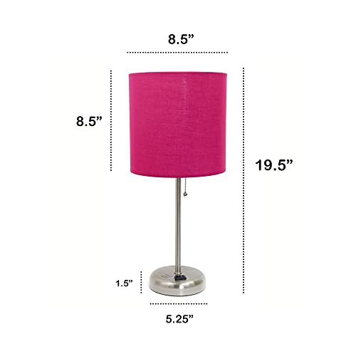 Creekwood Home Oslo 19.5" Contemporary Bedside Power Outlet Base Standard Metal Table Desk Lamp in Brushed Steel with Pink Drum Fabric Shade