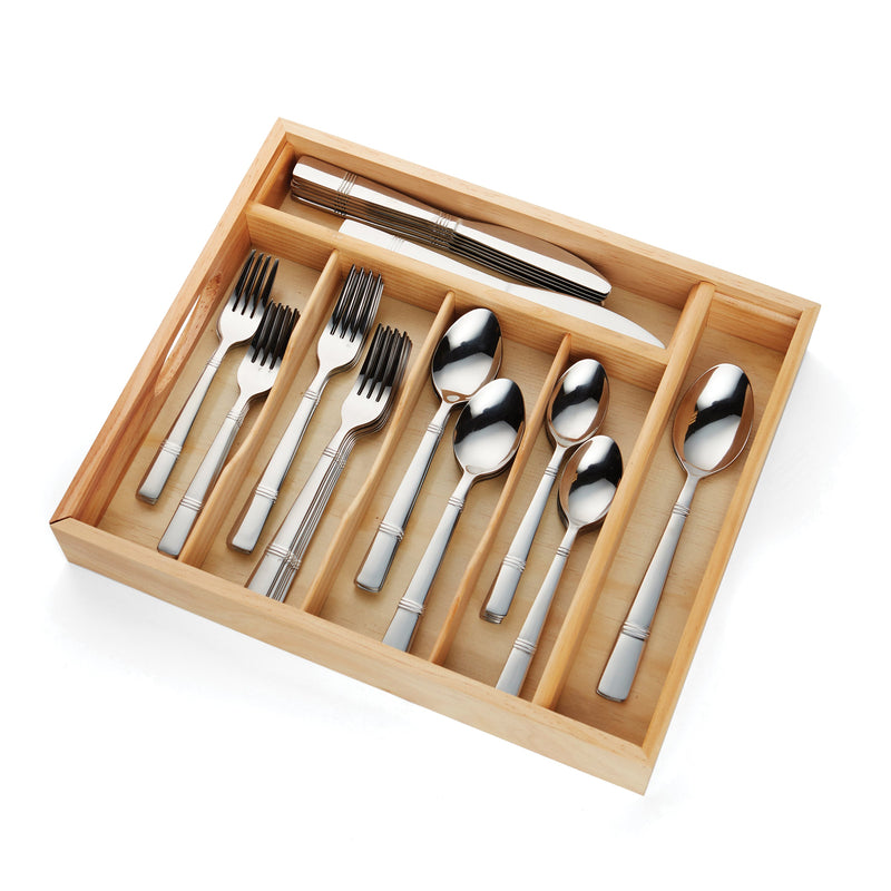 Cambridge Silversmiths Braylen Mirror 62-Piece Flatware Set with 2-Piece Hostess Set and Oak Storage Tray