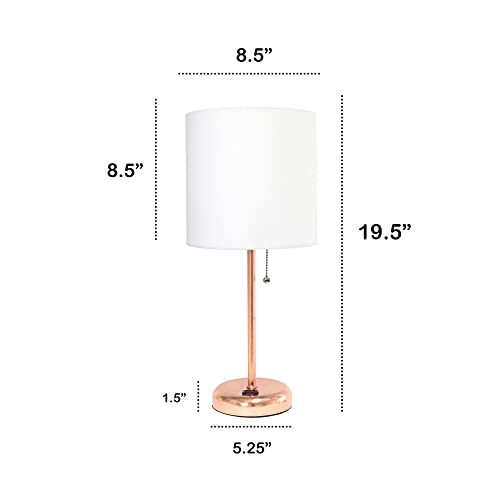 Creekwood Home Oslo 19.5" Contemporary Bedside Power Outlet Base Standard Metal Table Desk Lamp in Rose Gold with White Drum Fabric Shade