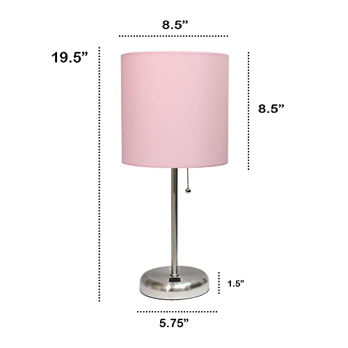 Creekwood Home Oslo 19.5" Contemporary Bedside USB Port Feature Standard Metal Table Desk Lamp in Brushed Steel with Light Pink Drum Fabric Shade