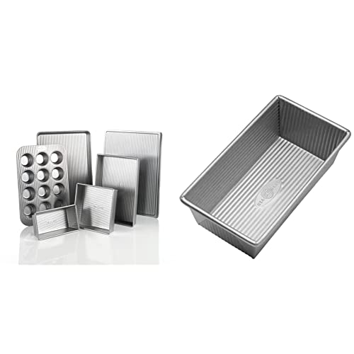 USA Pan Bakeware Aluminized Steel 6 Pieces Set, Cookie Sheet, Half Sheet, Loaf Pan, Rectangular Pan, Square Cake Pan, 12 Cup Muffin Pan & Nonstick Standard Bread Loaf Pan, 1 Pound, Aluminized Steel