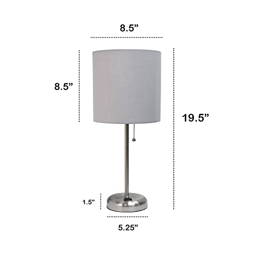 Creekwood Home Oslo 19.5" Contemporary Bedside Power Outlet Base Standard Metal Table Desk Lamp in Brushed Steel with Gray Drum Fabric Shade