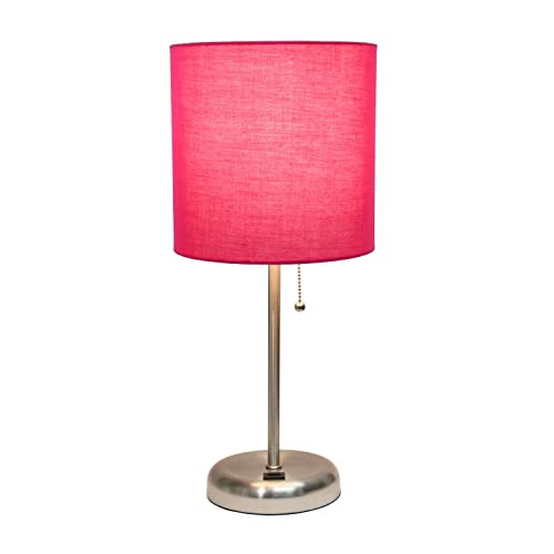 Creekwood Home Oslo 19.5" Contemporary Bedside USB Port Feature Standard Metal Table Desk Lamp in Brushed Steel with Pink Drum Fabric Shade