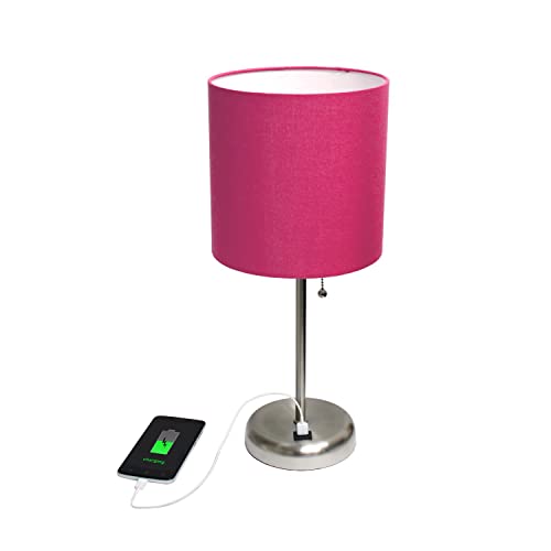 Creekwood Home Oslo 19.5" Contemporary Bedside USB Port Feature Standard Metal Table Desk Lamp in Brushed Steel with Pink Drum Fabric Shade