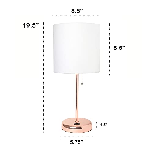 Creekwood Home Oslo 19.5" Contemporary Bedside USB Port Feature Standard Metal Table Desk Lamp in Rose Gold with White Drum Fabric Shade