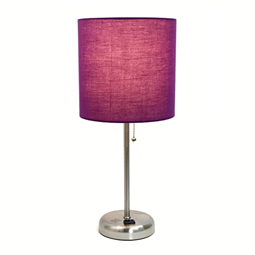 Creekwood Home Oslo 19.5" Contemporary Bedside Power Outlet Base Standard Metal Table Desk Lamp in Brushed Steel with Purple Drum Fabric Shade