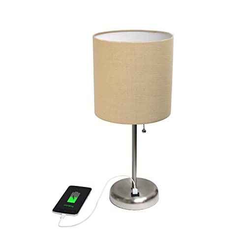 Creekwood Home Oslo 19.5" Contemporary Bedside USB Port Feature Standard Metal Table Desk Lamp in Brushed Steel with Tan Drum Fabric Shade