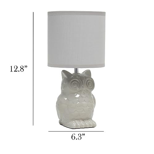 Simple Designs LT1136-GRY 12.8" Tall Contemporary Ceramic Owl Bedside Table Desk Lamp w Matching Fabric Shade for Home Decor, Bedroom, Nightstand, Living Room, Entryway, Kids&