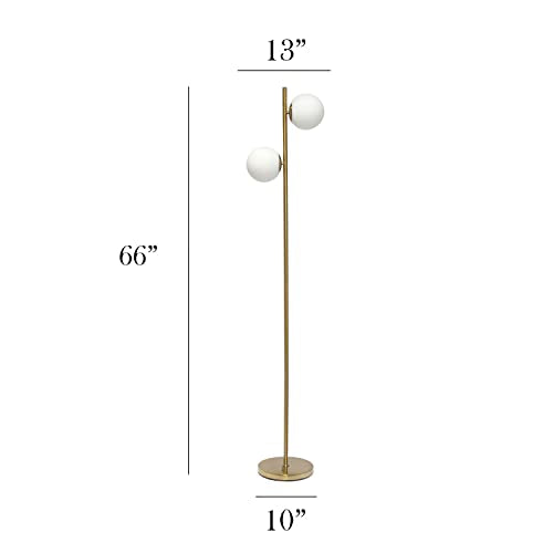 Simple Designs LF1044-GLD 66" Tall Mid Century Modern Standing Tree Floor Lamp w Dual White Glass Globe Shade for Study, Living Room, Bedroom, Entryway, Gold