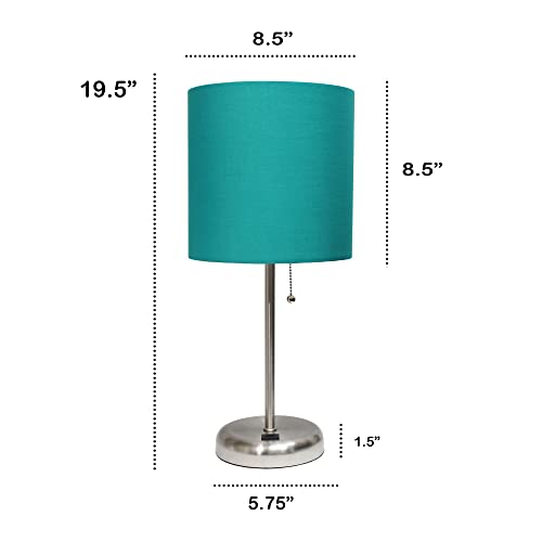 Creekwood Home Oslo 19.5" Contemporary Bedside USB Port Feature Standard Metal Table Desk Lamp in Brushed Steel with Teal Drum Fabric Shade
