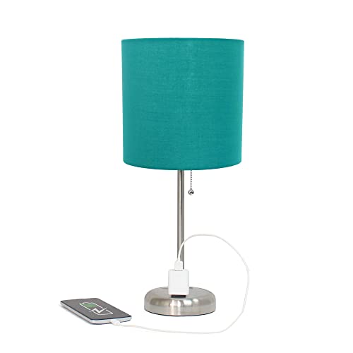 Creekwood Home Oslo 19.5" Contemporary Bedside Power Outlet Base Standard Metal Table Desk Lamp in Brushed Steel with Teal Drum Fabric Shade