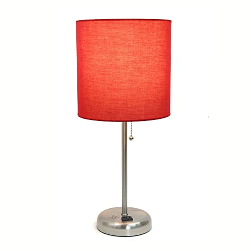 Creekwood Home Oslo 19.5" Contemporary Bedside Power Outlet Base Standard Metal Table Desk Lamp in Brushed Steel with Red Drum Fabric Shade