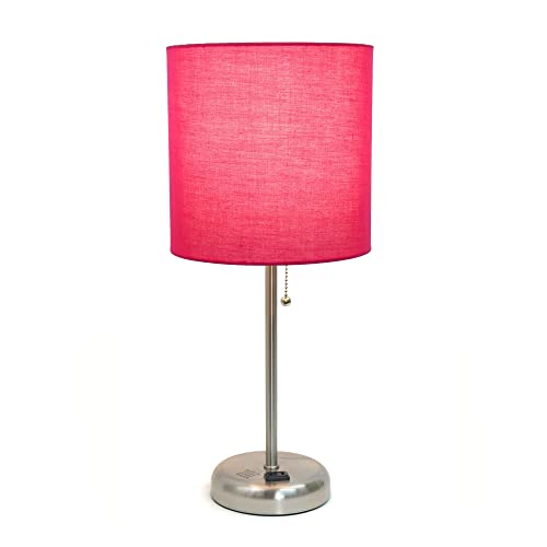 Creekwood Home Oslo 19.5" Contemporary Bedside Power Outlet Base Standard Metal Table Desk Lamp in Brushed Steel with Pink Drum Fabric Shade