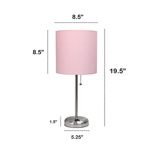 Creekwood Home Oslo 19.5" Contemporary Bedside Power Outlet Base Standard Metal Table Desk Lamp in Brushed Steel with Light Pink Drum Fabric Shade