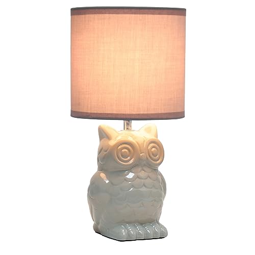 Simple Designs LT1136-GRY 12.8" Tall Contemporary Ceramic Owl Bedside Table Desk Lamp w Matching Fabric Shade for Home Decor, Bedroom, Nightstand, Living Room, Entryway, Kids&