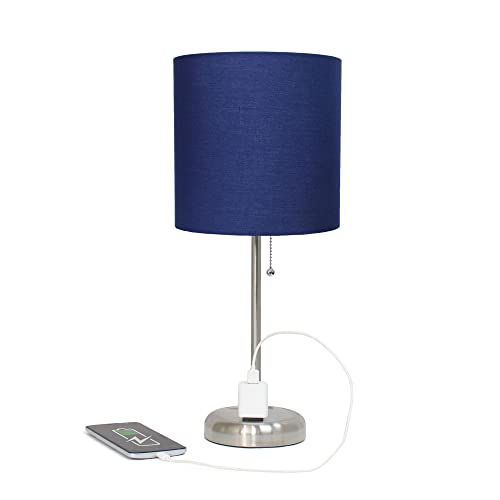 Creekwood Home Oslo 19.5" Contemporary Bedside Power Outlet Base Standard Metal Table Desk Lamp in Brushed Steel with Navy Blue Drum Fabric Shade