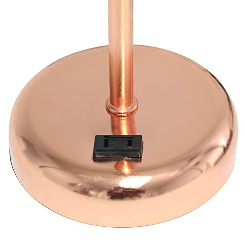 Creekwood Home Oslo 19.5" Contemporary Bedside Power Outlet Base Standard Metal Table Desk Lamp in Rose Gold with White Drum Fabric Shade