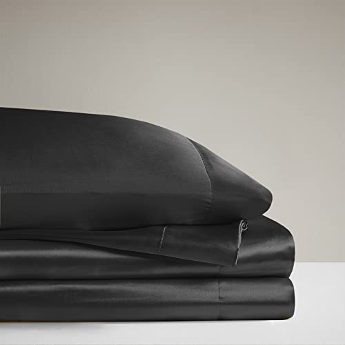 Madison Park Essentials Satin Sheet Set Luxury and Silky with Natural Sheen, Premium 16" Deep Pocket, All Around Elastic - Year-Round Bedding, Cal King, Black, 6 Piece