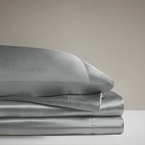Madison Park Essentials Satin Sheet Set Luxury and Silky with Natural Sheen, Premium 16" Deep Pocket, All Around Elastic - Year-Round Bedding, Cal King, Grey, 6 Piece