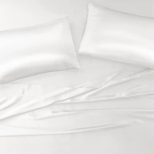 Madison Park Essentials Satin Sheet Set Luxury and Silky with Natural Sheen, Premium 16" Deep Pocket, All Around Elastic - Year-Round Bedding, Cal King, White, 6 Piece