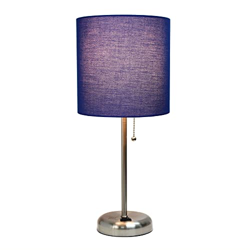 Creekwood Home Oslo 19.5" Contemporary Bedside Power Outlet Base Standard Metal Table Desk Lamp in Brushed Steel with Navy Blue Drum Fabric Shade