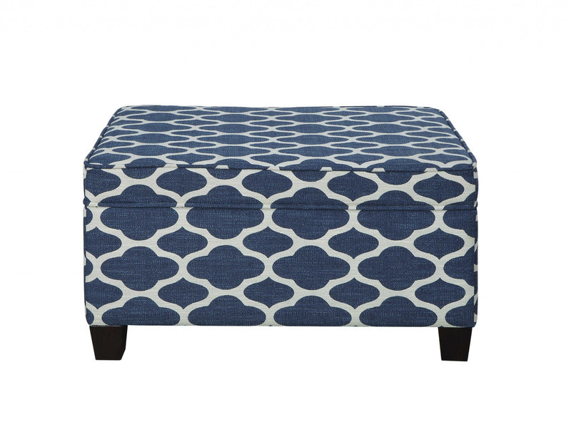 Home Outfitters 26" Blue and White and Black Upholstered Linen Blend Geometric Bench with Flip top