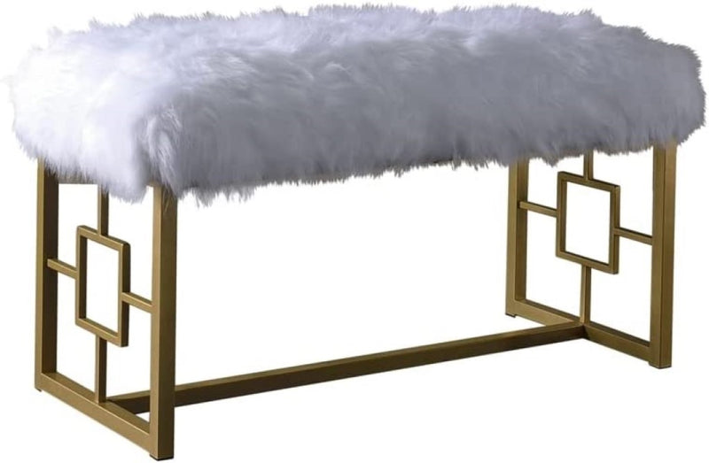 Home Outfitters 18" White and Gold Upholstered Faux Fur Bench