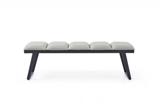 57" Light Gray and Black Upholstered Faux Leather Bench