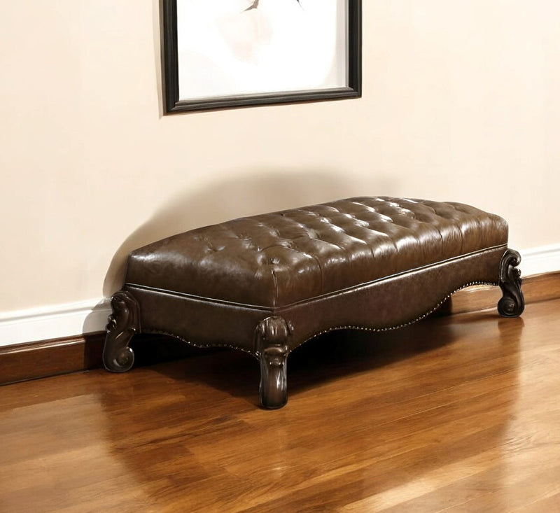 Home Outfitters 65" Brown Upholstered Faux Leather Bench